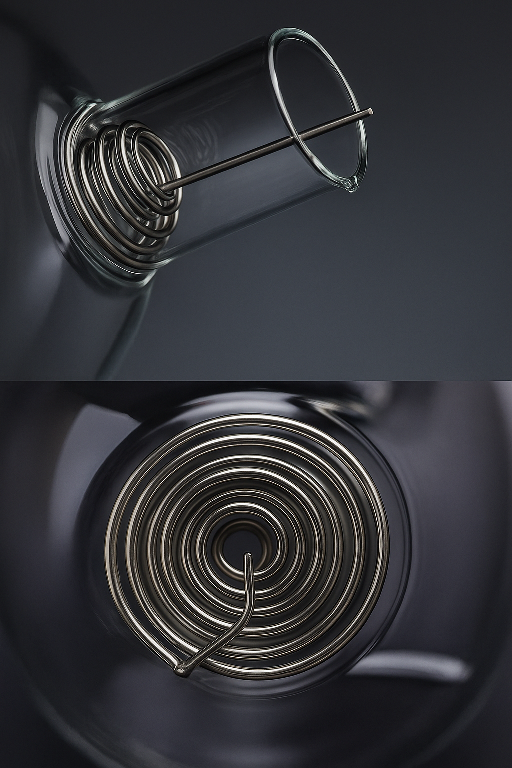Vue détaillée d'un filtre infuseur à spirale en acier inoxydable pour théière, montré en deux angles - vue latérale et vue de dessus du design en spirale qui permet une infusion optimale du thé tout en retenant les feuilles.