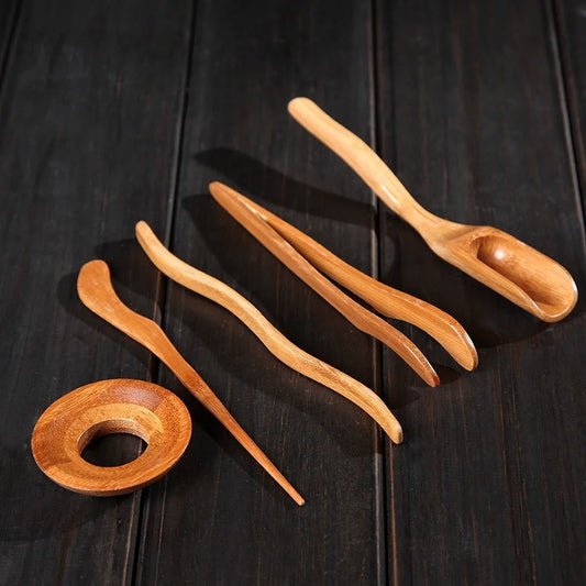 5Pcs/set Tea Ceremony Utensils Set Bamboo Teaspoons tea Needle Tea Tweezer Clip Strainer Tong Tube Wooden Tea Accessories