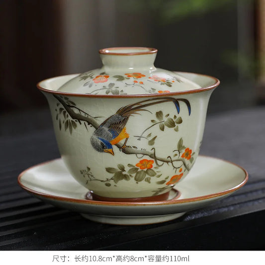 Handmade Ceramic Gaiwan Chinese Teacup Hand-painted Flowers Sancai Tea Tureen Travel Tea Bowl Porcelain Teaware Set Accessories