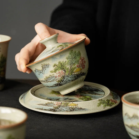 Retro Porcelain Gaiwan Pot Tray Tea Cup High-End Single Gaiwan Large Capacity Tea Making Hand-Held Cup Kung Fu Tea Set