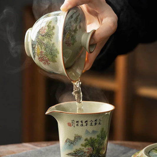 Retro Porcelain Gaiwan Pot Tray Tea Cup High-End Single Gaiwan Large Capacity Tea Making Hand-Held Cup Kung Fu Tea Set