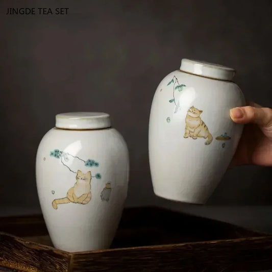 Retro Ru Kiln Ceramics Tea Caddy Cute Cat Pattern Portable Sealed Tea Leaf Containers Travel Tea Bag Storage Box Spice Organizer